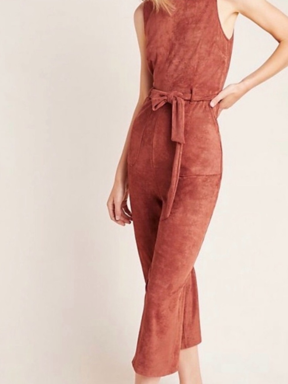 Anthropologie faux suede jumpsuit w/ waist tie cropped women’s size‎ XS